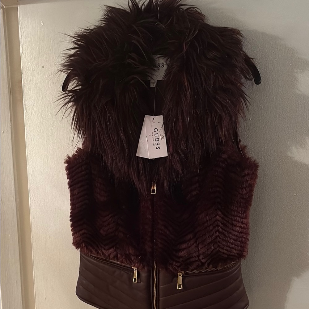 Guess Wine/Burgundy Faux Fur Vest with Gold metal.